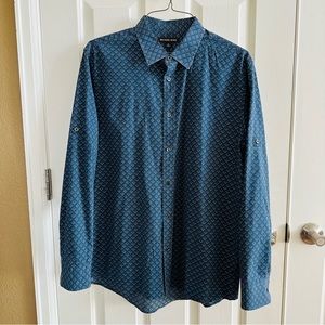 Michael Kors Tailored Fit Shirt Button Down Long Sleeve Navy Print Men's Size XL